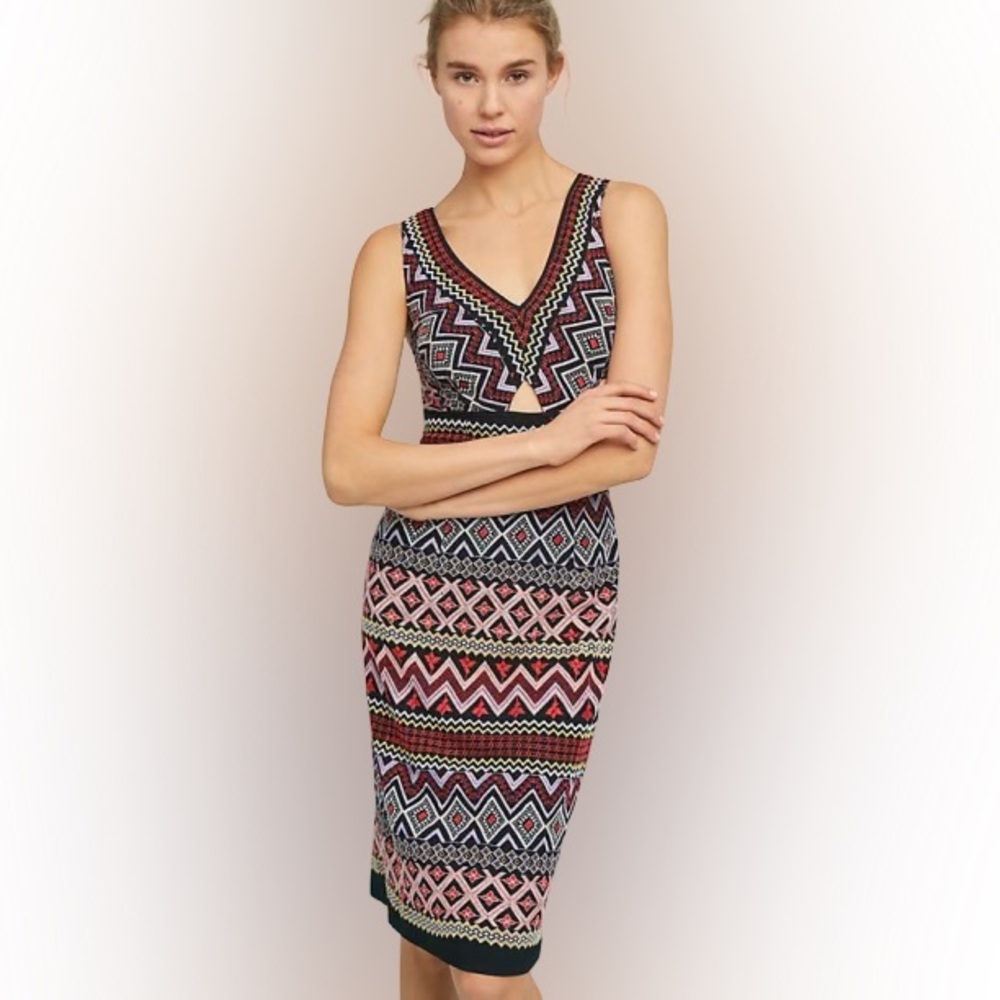 Anthropologie Women's Bodycon Embroidered Boho Knit Sleeveless V-Neck Dress